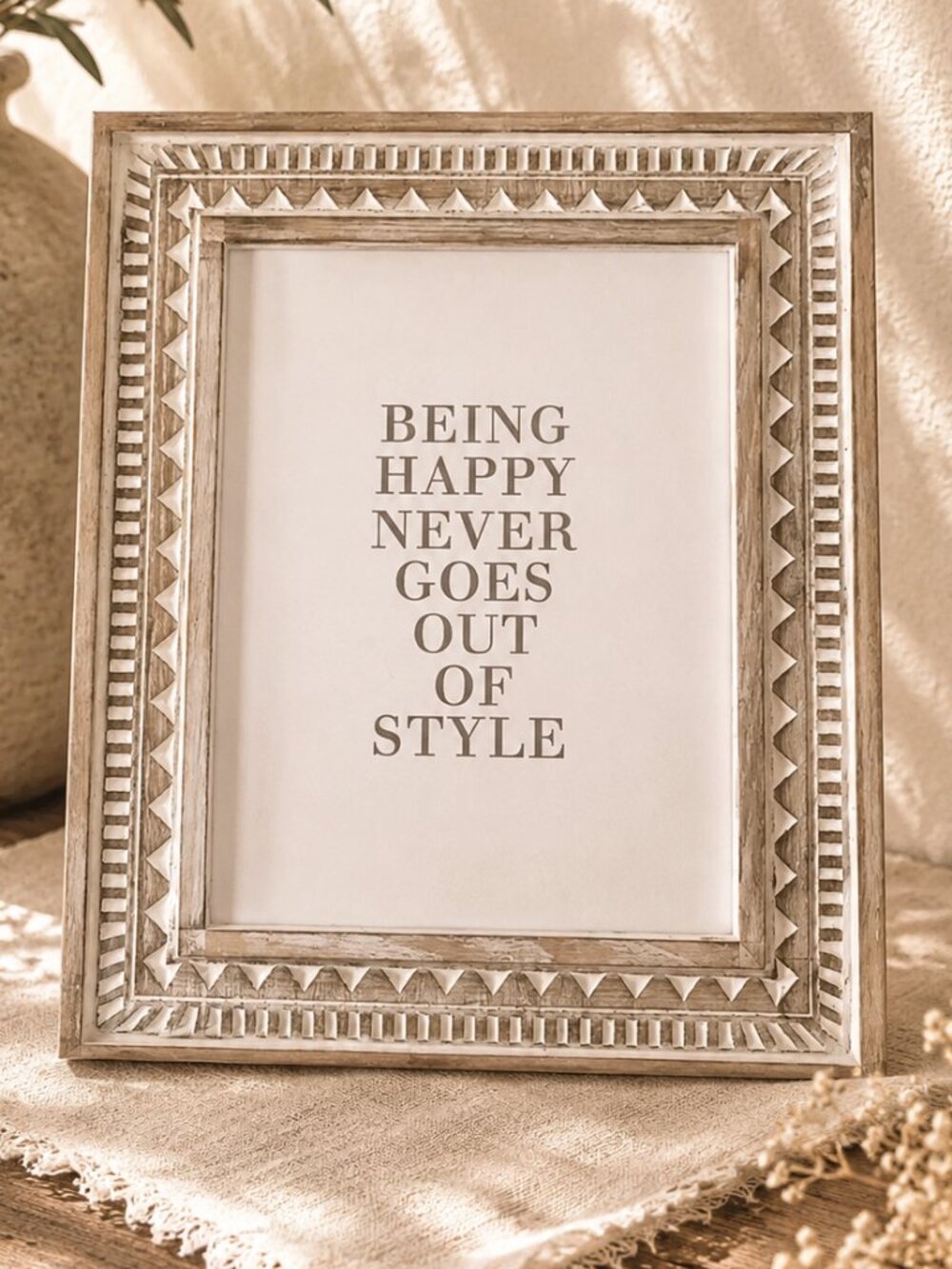 "Being Happy Never Goes Out of Style" Rustic Wood Ornate Beaded Picture Frame